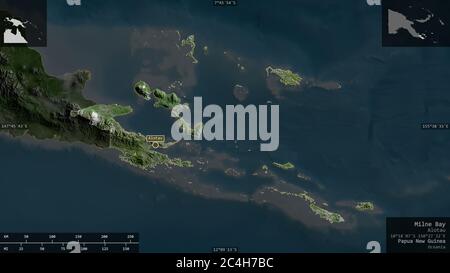 Milne Bay, province of Papua New Guinea. Satellite imagery. Shape presented against its country area with informative overlays. 3D rendering Stock Photo