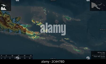 Milne Bay, province of Papua New Guinea. Colored relief with lakes and rivers. Shape presented against its country area with informative overlays. 3D Stock Photo