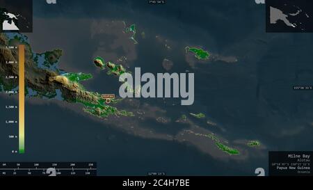 Milne Bay, province of Papua New Guinea. Colored shader data with lakes and rivers. Shape presented against its country area with informative overlays Stock Photo