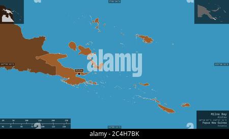 Milne Bay, province of Papua New Guinea. Patterned solids with lakes and rivers. Shape presented against its country area with informative overlays. 3 Stock Photo