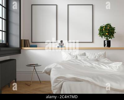 White classic scandinavian loft bedroom interior. 3d render illustration mock up.