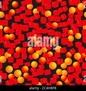 Golden Red Balls Cubes Seamless Pattern, 3D Illustration Stock Vector