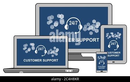 Customer support concept shown on different information technology devices Stock Photo