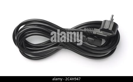 Top view of rolled black power cable  isolated on white Stock Photo