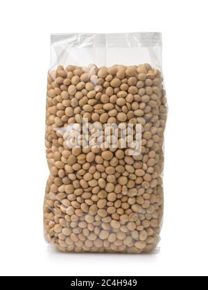 Plastic transparent bag of dried soybeans isolated on white Stock Photo