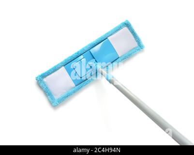Top view of blue plastic mop isolated on white Stock Photo