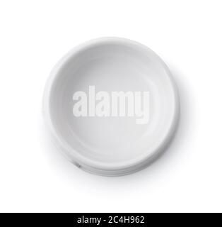 Top view of empty white plastic pets bowl isolated on white Stock Photo