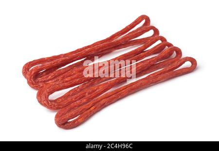 Long thin kabanos sausages isolated on white Stock Photo