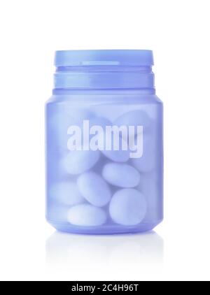 Blue plastic jar of chewing gum isolated on white Stock Photo