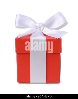 Front view of red gift box with white ribbon isolated on white Stock Photo