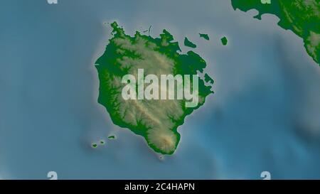 Marinduque, province of Philippines. Colored shader data with lakes and rivers. Shape outlined against its country area. 3D rendering Stock Photo