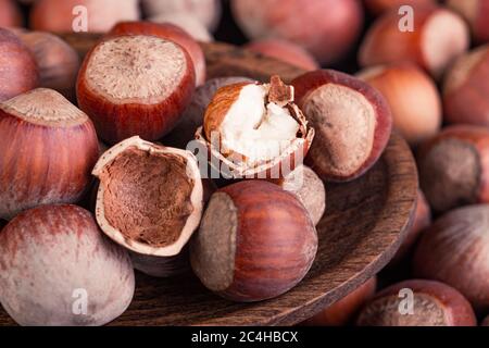 Hazelnuts in a spoon and one broken nut Stock Photo