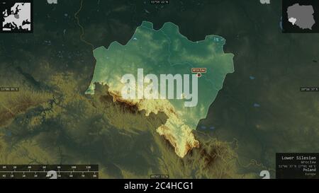 Lower Silesian, voivodeship of Poland. Colored relief with lakes and rivers. Shape presented against its country area with informative overlays. 3D re Stock Photo