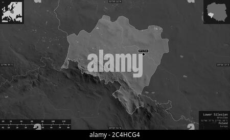 Lower Silesian, voivodeship of Poland. Grayscaled map with lakes and rivers. Shape presented against its country area with informative overlays. 3D re Stock Photo