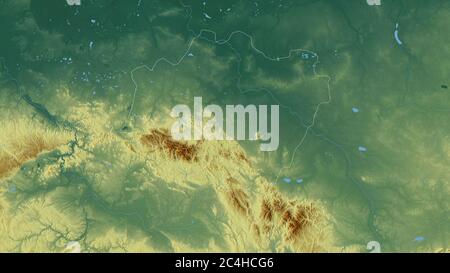 Lower Silesian, voivodeship of Poland. Colored relief with lakes and rivers. Shape outlined against its country area. 3D rendering Stock Photo