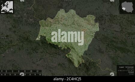 Lower Silesian, voivodeship of Poland. Satellite imagery. Shape presented against its country area with informative overlays. 3D rendering Stock Photo