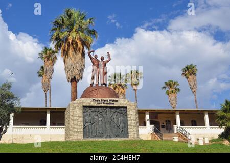 WINDHOEK, NAMIBIA - FEB 5, 2016: Liberation statue in front of the Alte Feste (German colonial fortress) in Windhoek. This monument replaced the Reite Stock Photo