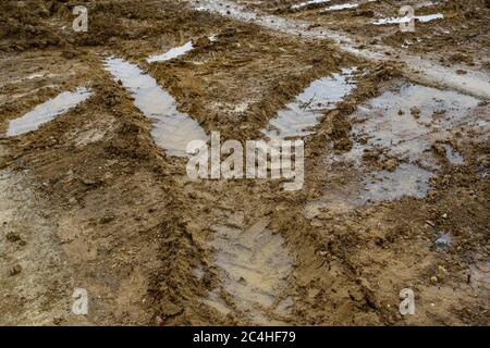 Tyremarks of construction vehicles on muddy building site Stock Photo