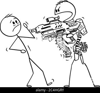 Vector cartoon stick figure drawing conceptual illustration of heavily armed man with generic futuristic weapon threatening unarmed man. Stock Vector