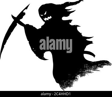 Vector drawing illustration of black silhouette of creepy or spooky Halloween ghost with scythe or death grim reaper on white background. Stock Vector