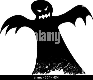 Vector drawing illustration of black silhouette of creepy or spooky Halloween ghost on white background. Stock Vector