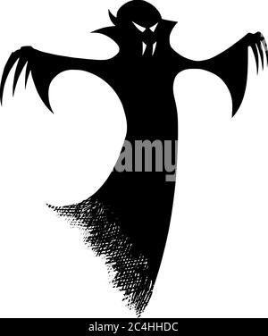 Vector drawing illustration of black silhouette of creepy or spooky Halloween ghost or undead vampire on white background. Stock Vector