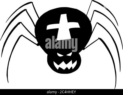 Vector drawing illustration of black silhouette of creepy or spooky Halloween spider on white background. Stock Vector