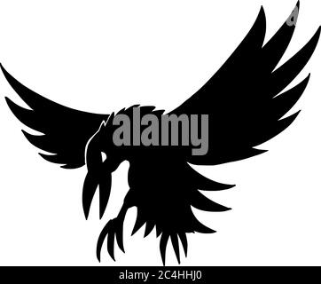 Vector drawing illustration of black silhouette of creepy or spooky Halloween attacking raven on white background. Stock Vector