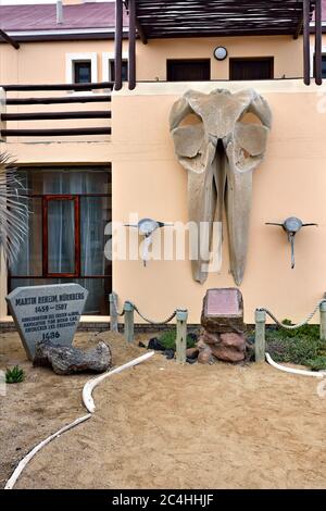 CAPE CROSS, NAMIBIA - JAN 31, 2016: Whale skull in Cape Cross Lodge on the atlantic ocean coast, popular place to stay and relax during shark fishing Stock Photo