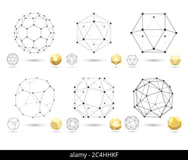 Set of geometric 3D polyhedron shapes from triangular faces for graphic design. Frame volumetric gold form with edges and vertices. Geometry scientifi Stock Vector