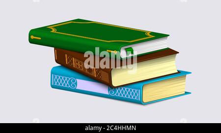 A stack of books isolated on a white background. Colorful patterned spines and bookmarks on realistic bestseller. Vector illustration. Stock Vector