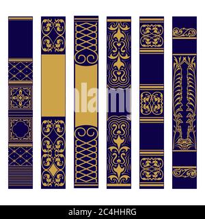 Vertical ornament set. Samples of spines or roots of the book. Ornate gold and blue pattern. Vector illustration Stock Vector