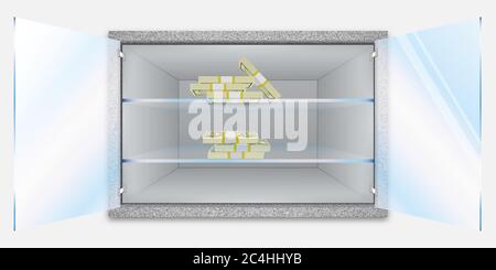 Storage of cash and valuable items. Banking concept. Open shelf with banknotes. Start a business. Few stacks of dollar bills. Vector illustration. Stock Vector