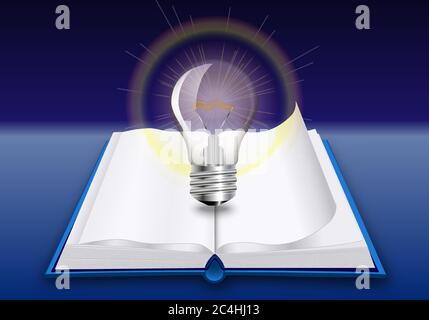Open book with bright glowing light bulb above on blue background. Education, idea and insight concept. Realistic design. Vector illustration. Stock Vector