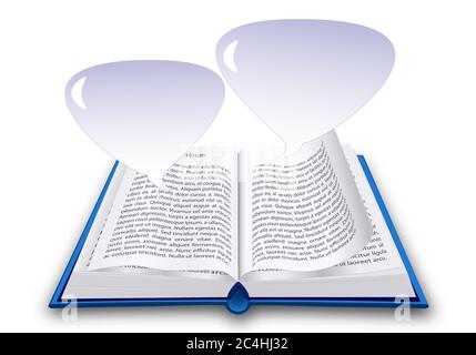 Reading book concept. Realistic object. Hand book with quote bubbles. Vector illustration Stock Vector