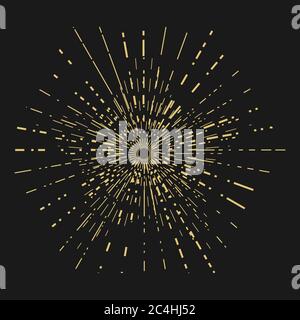 Gold vintage sun rays in shape of star on black background. Template for design. Vector illustration. Stock Vector