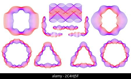 Set of Guilloche decorative elements isolated on white background. Blue and red mix. Vector illustration. Stock Vector