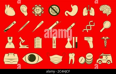 Medicine and Heath Care. Large set of icons for design of web page or website. Isolated on red background. Includes coronavirus symbols, sign of mask, Stock Vector