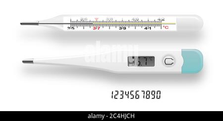 Thermometer set. Realistic collection of digital and mercury thermometer for web design isolated on white background. Vector illustration. Stock Vector