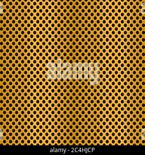 Seamless golden metallic texture with perforation. Shiny textured goldenl surface with holes. Vector illustration. Stock Vector