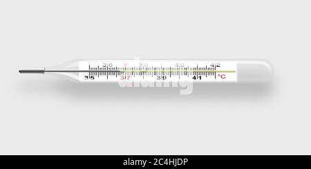 Mercury medical thermometer lies horizontally. Shows normal temperature of 36.6 degrees Celsius. Realistic object isolated on light background. Vector Stock Vector