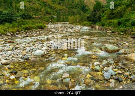 A mountain river, Gushaini, Tirthan Valley, Himachal Pradesh, India Stock Photo