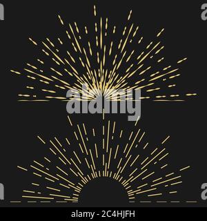 Set of Golden vintage sun rays in shape of semicircle on black background. Sunrise. Template for design. Vector illustration. Stock Vector