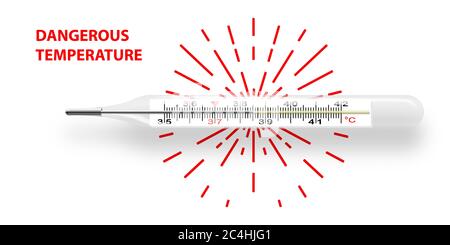 Mercurial thermometer lies horizontally. Shows dangerous temperature 38.5 degrees Celsius. Realistic object isolated on white background with divergin Stock Vector