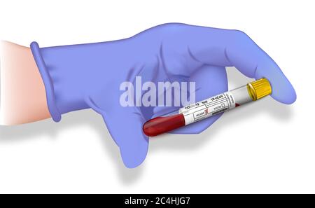 Hand holding blood test tube with a negative result on covid 19 close up. Vector illustration. Stock Vector