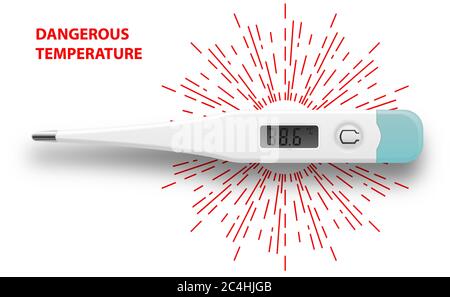 Digital thermometer lies horizontally. Shows dangerous temperature 38.6 degrees Celsius. Realistic object isolated on white background with diverging Stock Vector