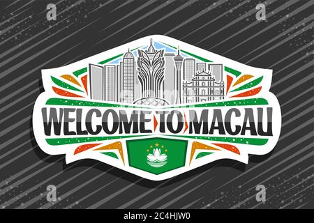 Vector logo for Macau, white decorative sticker with outline illustration of modern macau city scape on day sky background, tourist fridge magnet with Stock Vector