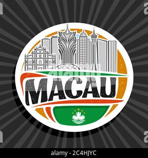 Vector logo for Macau, white decorative round tag with line illustration of famous macau city scape on day sky background, art design tourist fridge m Stock Vector