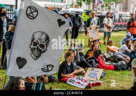 London, UK. 27th June, 2020. The Extinction Rebellion Rebel Trail walkers and protest against HS2 arrives at the end of its journey, which involved walking along the proposed route. The eased 'lockdown' continues for the Coronavirus (Covid 19) outbreak in London. Credit: Guy Bell/Alamy Live News Stock Photo