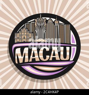 Vector logo for Macau, black decorative oval badge with line illustration of famous macau city scape on dusk sky background, art design tourist fridge Stock Vector